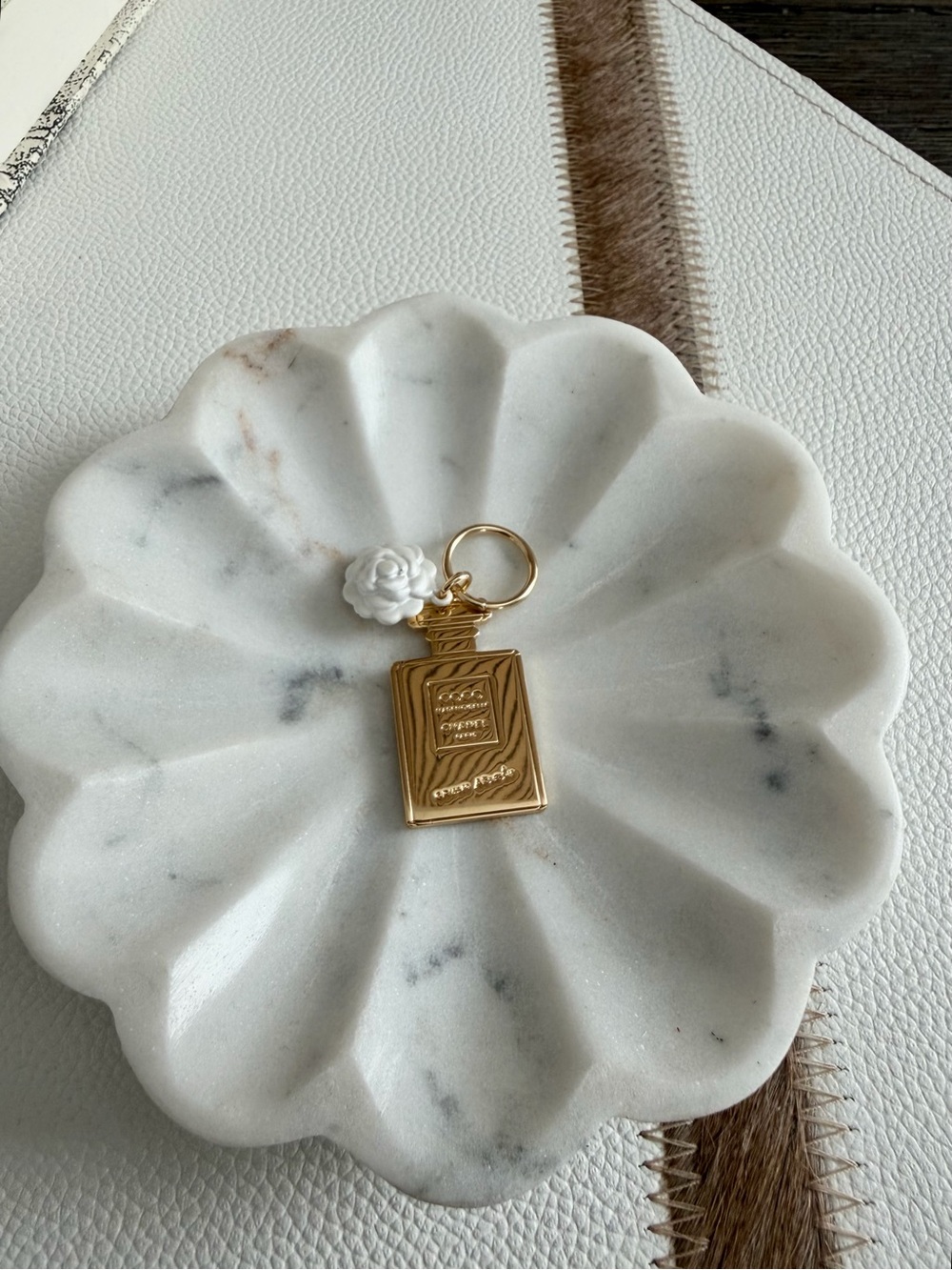 Gold Perfume Bottle Keychain with White Rose Charm